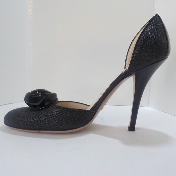 PRADA, Black Patent Leather with Weave Pattern, Rosette detail, Size: 39.5 Ital. - Picture 8 of 8